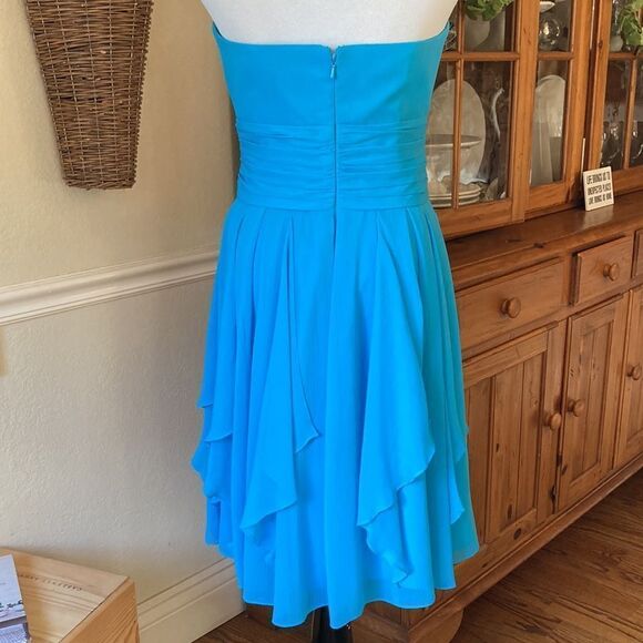 David’s Bridal Turquoise Strapless Pleated Waistband Shark Hem Party Dress Sz 10 - Picture 5 of 16